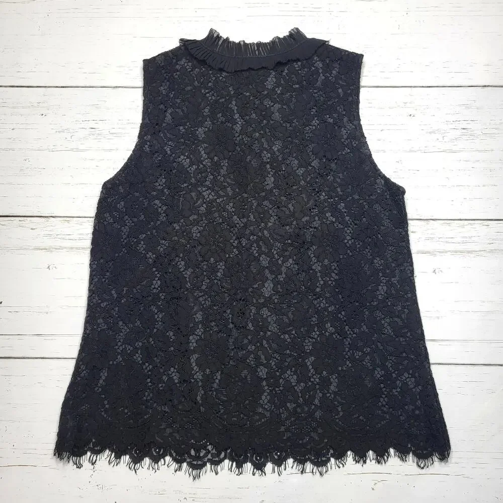 J Crew Black Lace Floral Ruffle Neck Blouse Sleeveless Top Lined Goth Medium